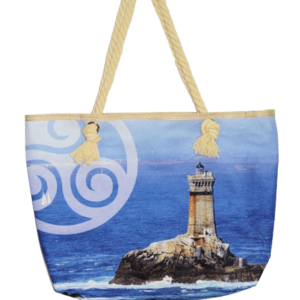 Image d'un sac phare breton de couleur bleu arborant un traditionnel phare mettant en lumière la culture bretonne